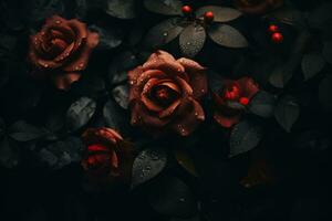 rouge des roses sur noir Contexte avec l'eau gouttelettes génératif ai photo