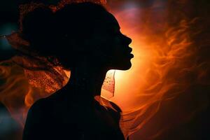 silhouette de une femme dans le foncé avec fumée à venir en dehors de sa cheveux génératif ai photo