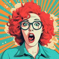 surpris femme avec des lunettes et rouge cheveux dans pop art style génératif ai photo