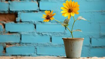 deux Jaune fleurs asseoir dans une pot sur une table génératif ai photo