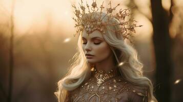 une magnifique blond femme dans une or robe avec une couronne sur sa tête génératif ai photo
