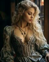 une magnifique blond femme dans une médiéval robe génératif ai photo