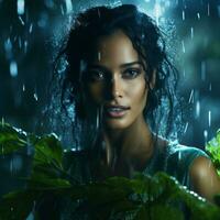 une magnifique femme dans le pluie avec vert les plantes génératif ai photo