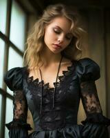 une magnifique Jeune femme dans une noir robe génératif ai photo