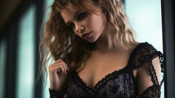 une magnifique Jeune femme dans une noir dentelle lingerie génératif ai photo