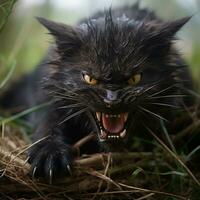 une noir chat avec ses bouche ouvert dans le herbe génératif ai photo