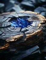 une bleu Feu est séance dans le milieu de une pièce de bois génératif ai photo
