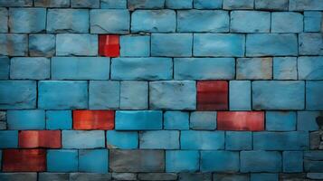 une bleu mur avec rouge carrés sur il génératif ai photo