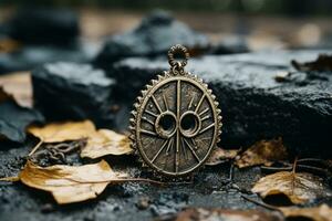 une bronze pendentif avec un image de une roue sur il pose sur le sol génératif ai photo