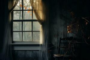 une chaise est assis dans de face de une fenêtre dans un vieux maison génératif ai photo