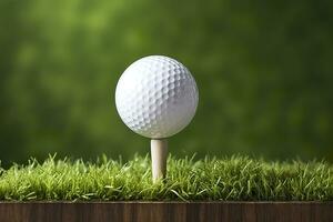 blanc le golf Balle sur en bois tee avec herbe. génératif ai photo