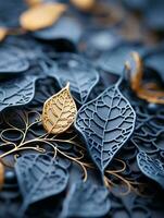 une proche en haut de une bouquet de or et bleu feuilles génératif ai photo