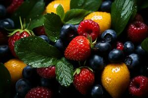 une proche en haut de une bouquet de fruit avec feuilles sur il génératif ai photo