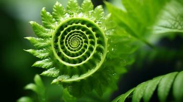 une proche en haut de une vert feuille avec une spirale conception génératif ai photo