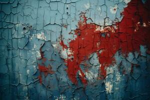 une proche en haut de une peint mur avec rouge et bleu peindre génératif ai photo