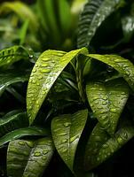 une proche en haut de une plante avec l'eau gouttelettes sur il génératif ai photo