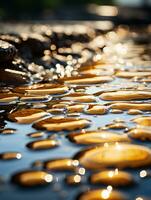 une proche en haut de une flaque de l'eau avec Jaune et Orange bulles dans il génératif ai photo