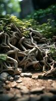 une proche en haut de une arbre avec les racines croissance en dehors de il génératif ai photo