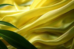 une proche en haut de une Jaune soie en tissu avec vert feuilles génératif ai photo