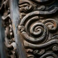 une proche en haut de un fleuri sculpture sur une mur génératif ai photo