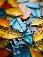 une proche en haut de coloré feuilles flottant dans l'eau génératif ai photo