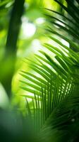 une proche en haut de vert feuilles dans une tropical forêt génératif ai photo