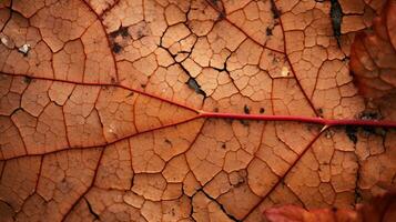 une proche en haut vue de un l'automne feuille avec des fissures génératif ai photo