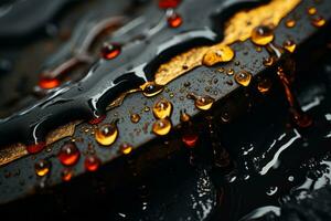 une proche en haut vue de pétrole gouttelettes sur une noir surface génératif ai photo