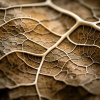 une proche en haut vue de le veines de une feuille génératif ai photo