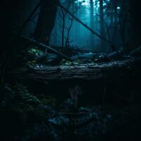 une foncé forêt à nuit avec fougères et mousse génératif ai photo