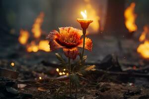 une fleur avec une brûlant bougie dans le milieu de une champ génératif ai photo