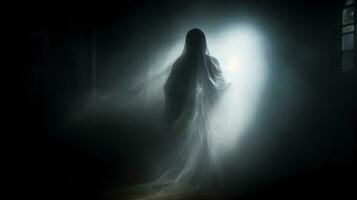 une fantomatique figure dans une foncé pièce avec lumière à venir de le porte génératif ai photo