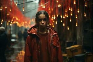 une fille dans une rouge manteau permanent dans une foncé ruelle génératif ai photo