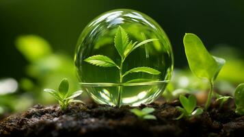 une verre sphère avec une vert plante à l'intérieur il génératif ai photo