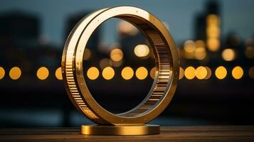 une d'or bague séance sur une en bois table dans de face de une ville horizon génératif ai photo