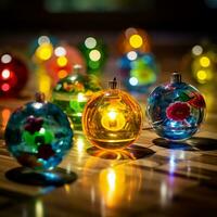 une groupe de coloré Noël ornements séance sur une table génératif ai photo