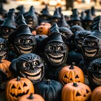 une groupe de Halloween citrouilles avec noir masques sur leur génératif ai photo