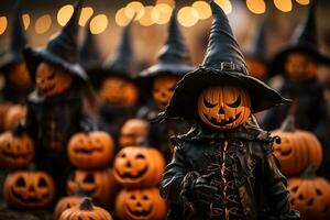 une groupe de Halloween citrouilles avec sorcières Chapeaux génératif ai photo