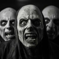 une groupe de gens portant zombi masques dans noir et blanc génératif ai photo