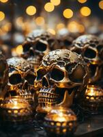 une groupe de crânes avec bougies dans de face de leur génératif ai photo