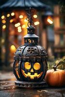 une Halloween lanterne avec une jack - o - lanterne visage sur il génératif ai photo