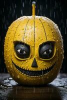 une Halloween citrouille dans le pluie avec une terrifiant visage génératif ai photo