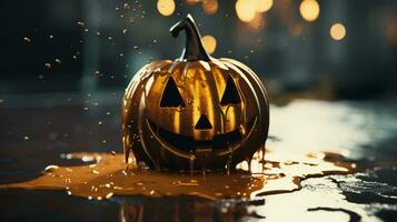 une Halloween citrouille séance sur une table avec l'eau égouttage de de il génératif ai photo