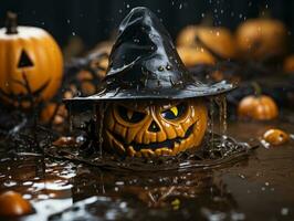 une Halloween citrouille avec une sorcière chapeau sur il dans le l'eau génératif ai photo
