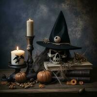 une Halloween scène avec une sorcières chapeau livres et bougies génératif ai photo
