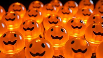 une grand groupe de Orange Halloween des œufs avec souriant visages génératif ai photo