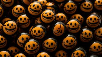 une grand groupe de Orange et noir smiley visages génératif ai photo