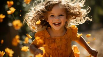 une peu fille dans une Jaune robe est fonctionnement par une champ de Jaune fleurs génératif ai photo