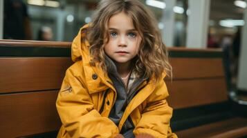 une peu fille dans une Jaune veste séance sur une banc génératif ai photo