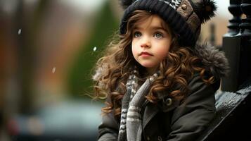 une peu fille portant une hiver chapeau et manteau génératif ai photo